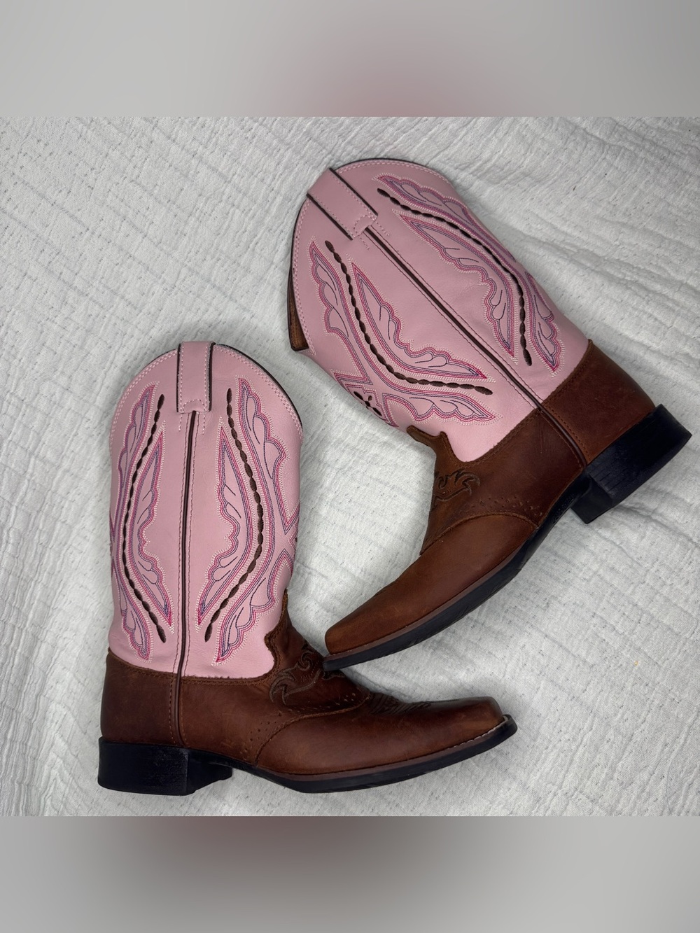 Justin Girls Western Cowboy Boots Pink Brown Leather Youth Size 5D Style 2669Y